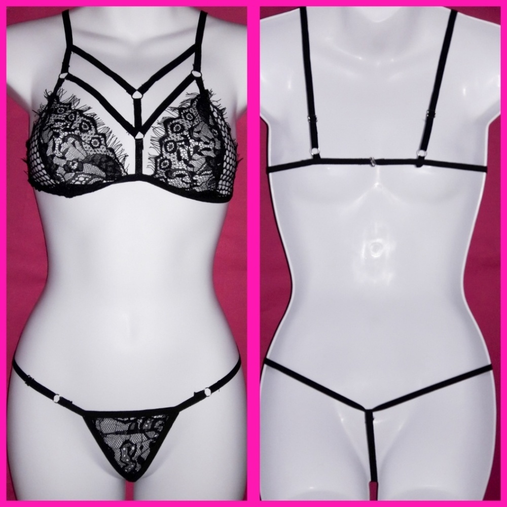 Black Mesh Lace Harness Bralette Panty Set O/S - Picture 4 of 7